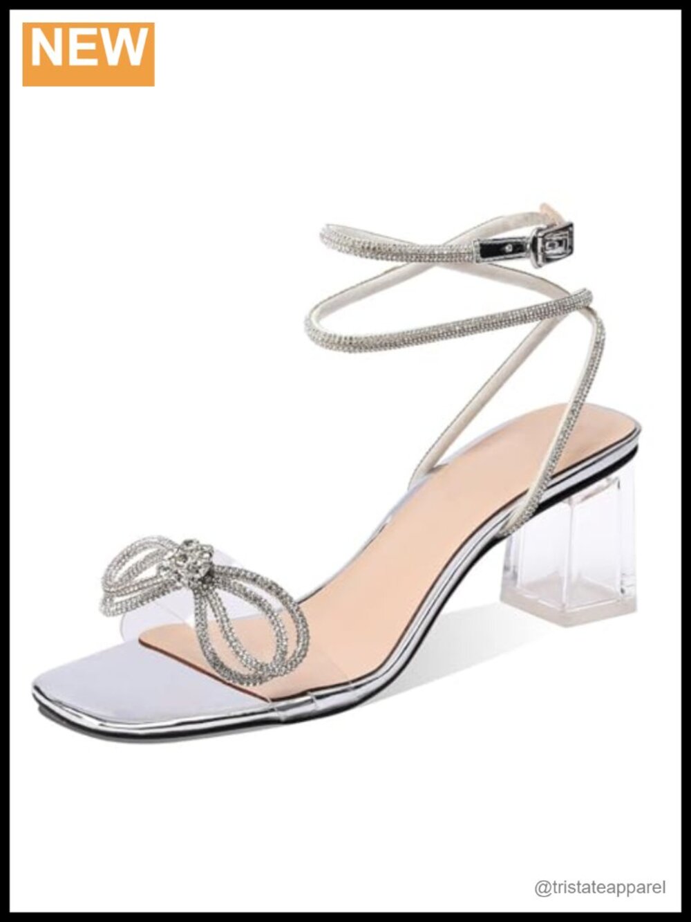 XINIUNIU Clear Bow Heels Rhinestone Strap Square Toe Block Chunky Heels Sandals